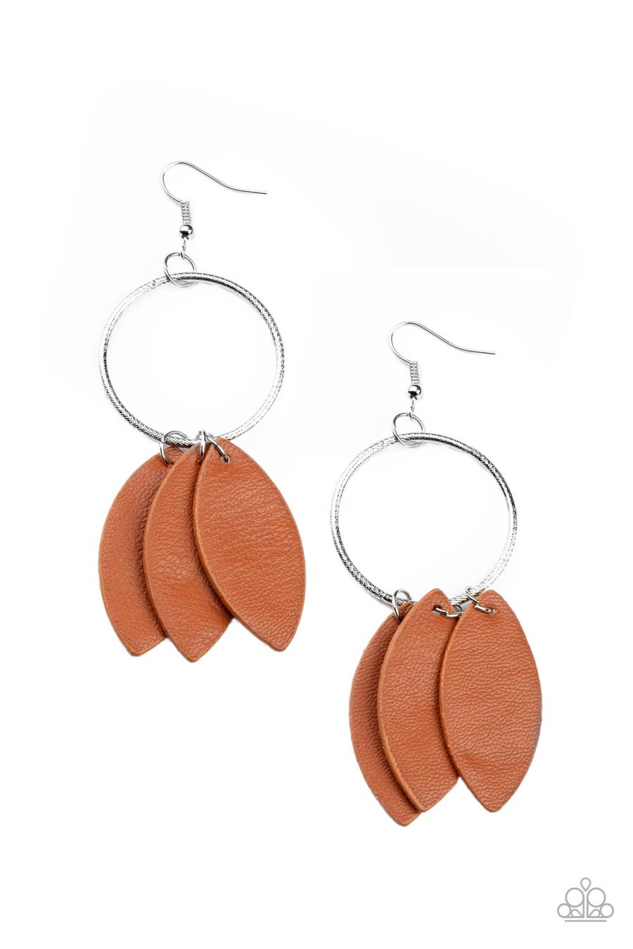 PAPARAZZI  EARRINGS  LEAFY LAGUNA - BROWN LEATHER SILVER CIRCLE