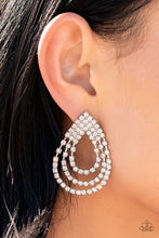 Load image into Gallery viewer, CONVENTION EXCLUSIVES TAKE A POWER STANCE - WHITE RHINESTONE TEARDROP POST EARRINGS - PAPARAZZI 2022

